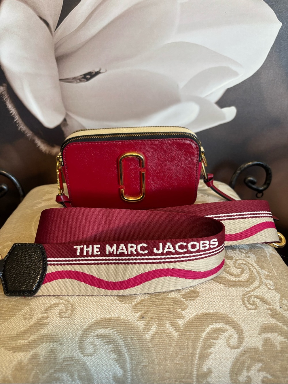 Marc Jacobs Red Camera Bag with Branded Maroon & Cream Strap